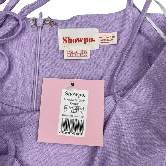 NWT SHOWPO Say It Ain't So Dress Sz 4 Lilac Linen Look - Picture 4 of 7